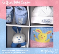 Coffret bébé Lapin Bleu : Avec un bonnet, des chaussons, un hochet et un livre en tissu
