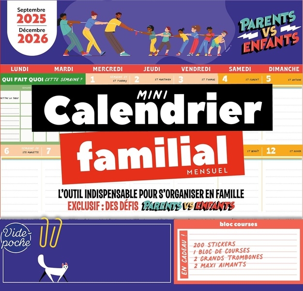 Mini calendrier familial mensuel: Septembre 2025 - Décembre 2026