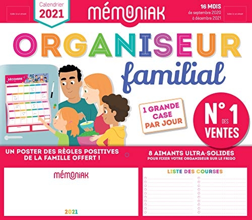 Organiseur familial Mémoniak 2020-2021 - Calendrier sur 16 mois de sept 2020 à déc 2021 : des magnets ultra-solides et poster des règles positives de la famille en cadeau !