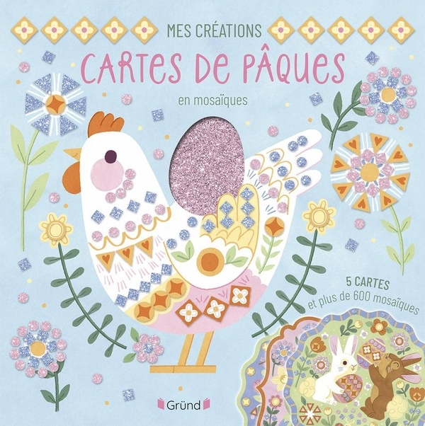 Cartes de Pâques en mosaïques – Pochette avec 5 cartes à décorer de 600 mosaïques pailletées et imprimées – Activités pour Pâques - À partir de 3 ans