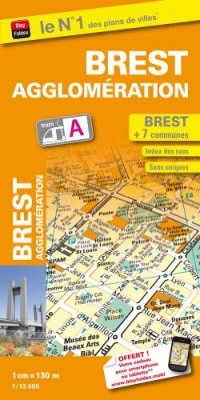 Plan de ville de Brest et de son agglomération - Echelle : 1/13 000 - Inclus : localisation des stations de tramway