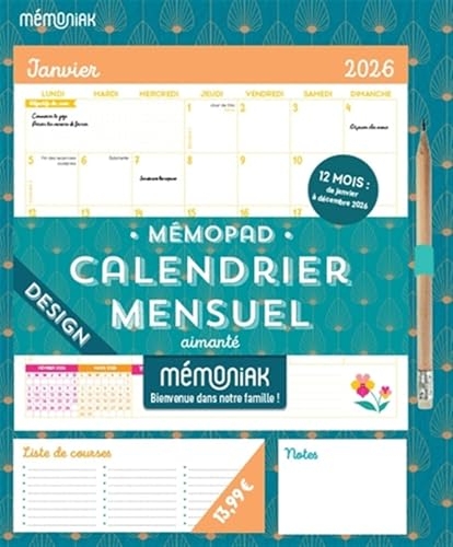 Mémopad Calendrier mensuel aimanté 2026 - Design (12 mois)