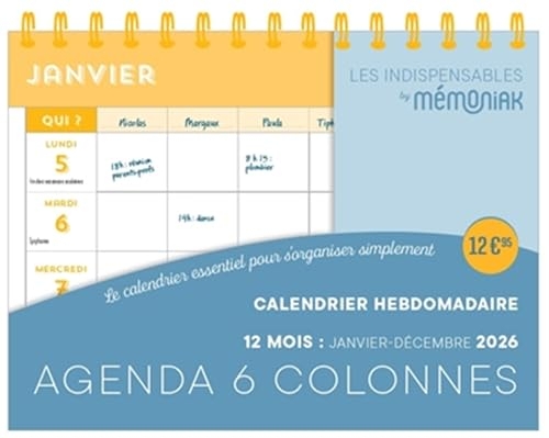 Calendrier hebdomadaire janvier-décembre 2026 - Agenda 6 colonnes