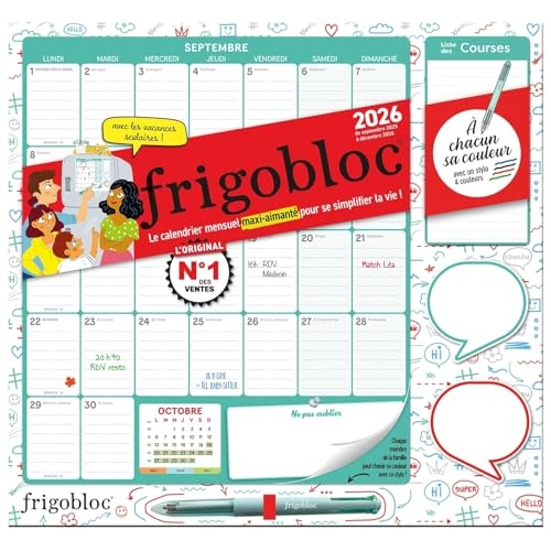 Frigobloc Mensuel 2026 à chacun sa couleur ! (de sept. 2025 à déc. 2026)