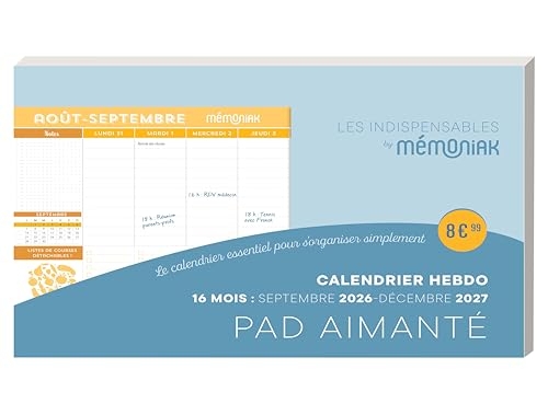 Pad aimanté calendrier hebdomadaire 16 mois, septembre 2026 à décembre 2027
