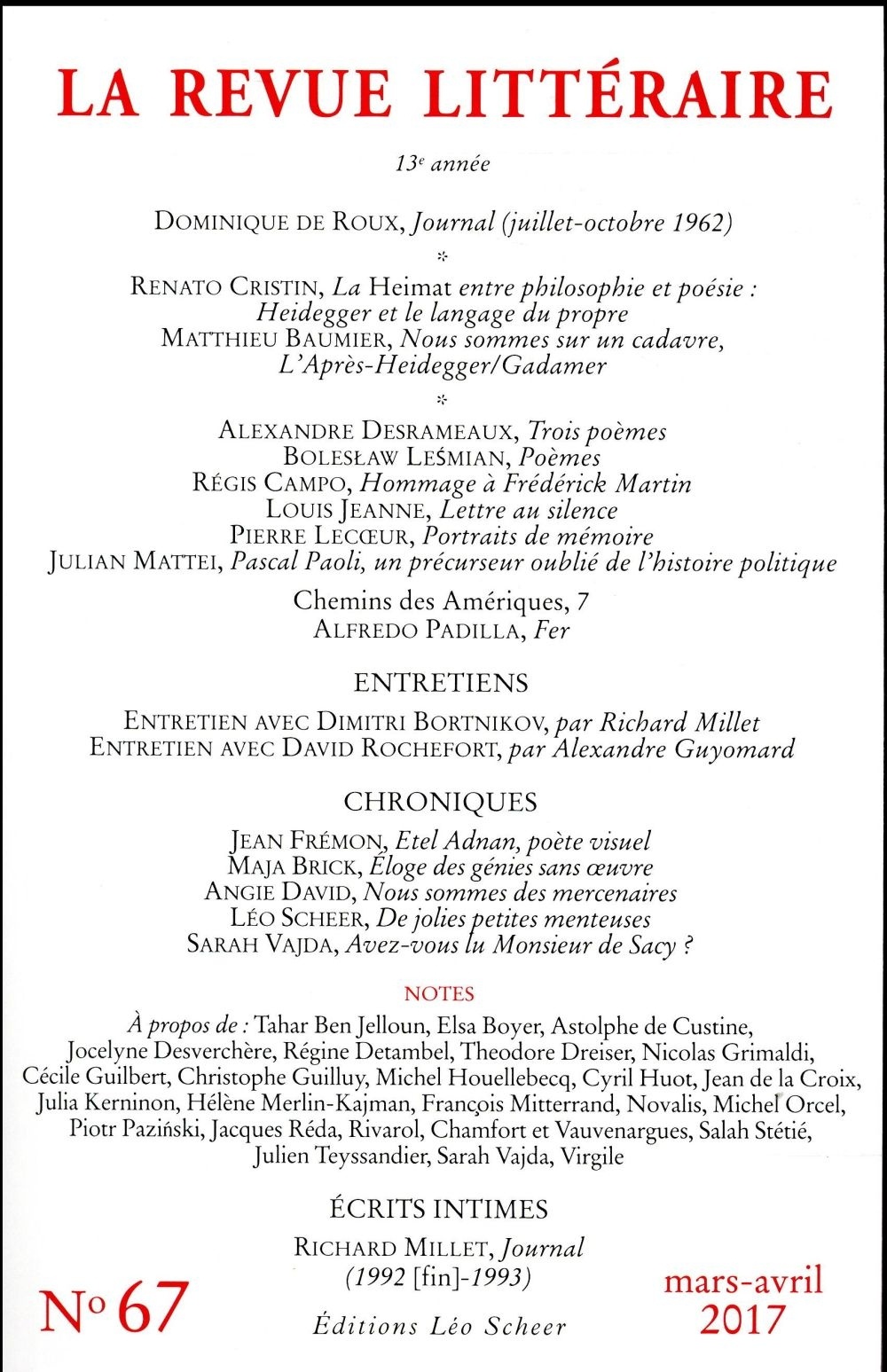 La Revue Littéraire, N°67, mars-avril 2017