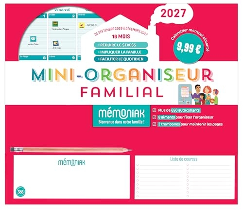 Mini-organiseur familial Mémoniak 2027, calendrier mensuel, septembre 2026-décembre 2027