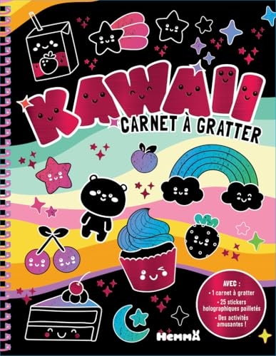 Carnets à gratter - Kawaii - Kawaï - Coloriage - cartes à gratter - livre d'activités - 5 ans - autocollants - stickers holographiques - idée cadeau enfant - Livre de coloriage et de jeux
