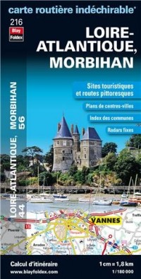 Loire-Atlantique (44), Morbihan (56) - Carte Routière Départementale Touristique D216 - Echelle : 1/180 000, avec index. Plan du centre-ville de Nantes, Saint-Nazaire et Vannes.